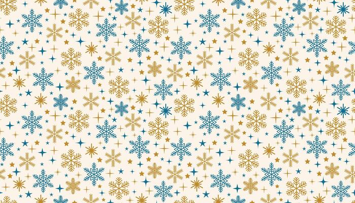 Seamless pattern with various snowflakes and twinkling stars in flat cartoon style. A festive and cozy winter design perfect for Christmas wrapping, backgrounds, and seasonal projects.