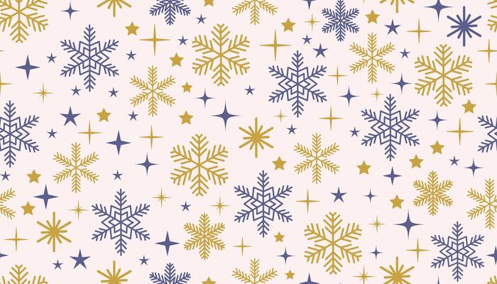 Cheerful seamless pattern featuring snowflakes and stars in flat cartoon style. Ideal for Christmas crafts, greeting cards, textile prints, and holiday digital designs.