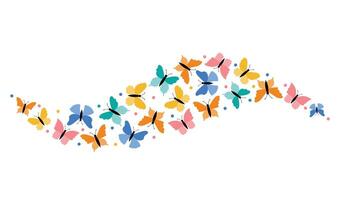 Colorful wave of flying butterflies and scattered dots in flat cartoon style. A cheerful design full of movement, ideal for spring, kids themes, or decorative backgrounds. vector