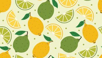 Fresh and colorful seamless pattern with whole lemons and limes, slices, green leaves and dots. Vibrant flat cartoon style perfect for summer, citrus themes, packaging, and cheerful designs. vector
