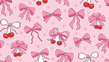 Cute coquette seamless pattern with red and pink bows, cherries, and tiny dots on soft pink background. Sweet and girly design with vintage charm in playful cartoon hand drawn style. vector