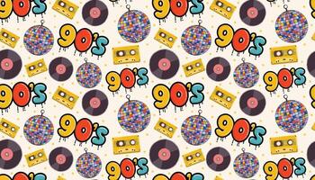 Colorful seamless pattern with 90s vibe icons like cassette, graffiti tag, disco ball, and vinyl. A funky throwback design ideal for retro themes, party prints, and youth-oriented branding. vector