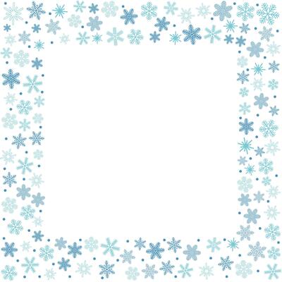 Square frame filled with a mix of unique snowflakes and scattered dots in flat cartoon style. A festive and cheerful winter design perfect for Christmas holiday cards or seasonal decoration.
