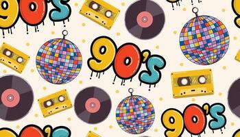Retro 1990s seamless pattern in cartoon flat style with graffiti, vinyl record, disco ball, and cassette tape. Fun nostalgic texture for wrapping paper, fabric, stationery, or digital design. vector