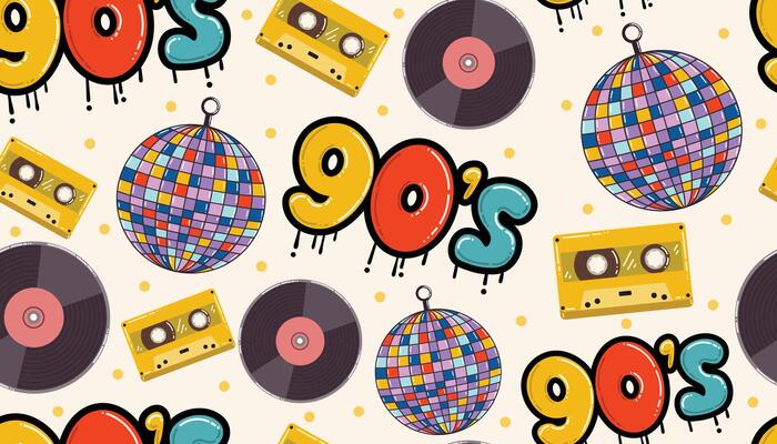 Retro 1990s seamless pattern in cartoon flat style with graffiti, vinyl record, disco ball, and cassette tape. Fun nostalgic texture for wrapping paper, fabric, stationery, or digital design.