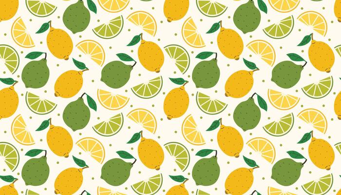 Playful seamless pattern of lemons, limes, juicy slices, leaves and dots. Bright colors and clean flat cartoon style make it ideal for fabric, wrapping, kitchen decor, or fruity digital art.