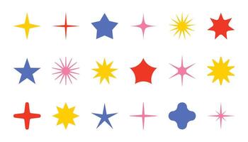 Collection of stars in cartoon flat style. Glowing celestial elements of design. Set of Y2K stars, starburst or retro futuristic graphic ornaments. vector
