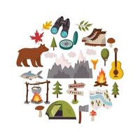 Camping-themed card with colorful outdoor elements arranged in a playful circle. Includes tent, backpack, map, fire, and more in flat cartoon style. Perfect for adventure or nature lovers. vector