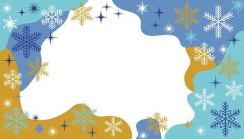 Festive card design with a border of soft blob shapes, snowflakes, and stars in flat cartoon style. Ideal for Christmas greetings, seasonal wishes, and winter-themed creative projects. vector
