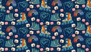 Retro 1990s seamless pattern with sneakers, roller skates, bubble gum, spring toy, and jump rope in cartoon flat style. Bright nostalgic texture perfect for fabric, kids items, or party decor. vector