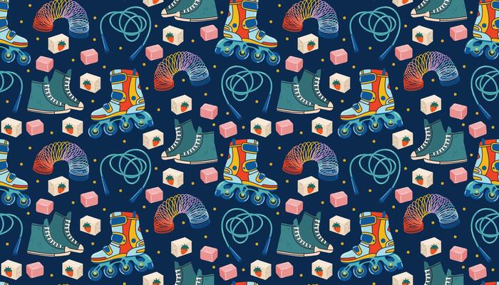 Retro 1990s seamless pattern with sneakers, roller skates, bubble gum, spring toy, and jump rope in cartoon flat style. Bright nostalgic texture perfect for fabric, kids items, or party decor.