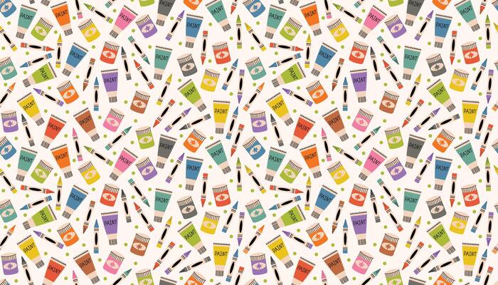 Fun and playful seamless pattern of messy crayons, paint tubes, and dots in bright flat cartoon style. Great for educational decor, art prints, textiles, and creative projects.
