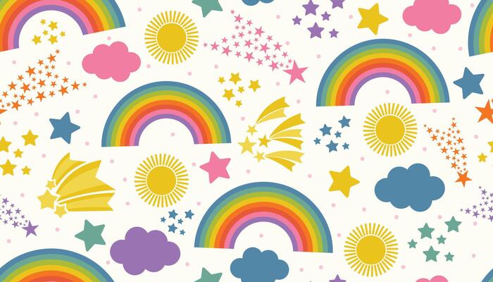 Cheerful seamless pattern with rainbows, shooting stars, clouds, and suns in flat cartoon style on white background. A lively and dreamy design perfect for kids products and fun prints.