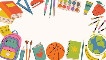 Rectangular Back to School banner in cartoon flat style with school supplies books, pencils, backpack, paints, framing the white background. No text, perfect for customizing and printing. vector