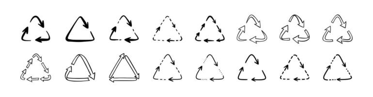 Set of doodle handwriting recycle plastic symbol. Icon sign of pp, pet, hdpe, ldpe, pvc. Eco-friendly concepts design element. Spinning, rotating, circulation arrow. Reuse pictogram drawing vector