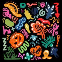 Colorful doodles with abstract flowers, leaves, arrow and heart. doodle design element with Colorful Sparkles Abstract Background. vector