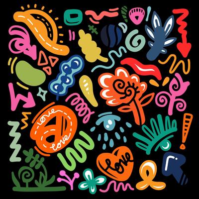 Colorful doodles with abstract flowers, leaves, arrow and heart. doodle design element with Colorful Sparkles Abstract Background.