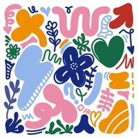 Colorful doodles with abstract flowers, thunderbolt, arrow and heart. doodle design element with Colorful Sparkles Abstract Background. vector