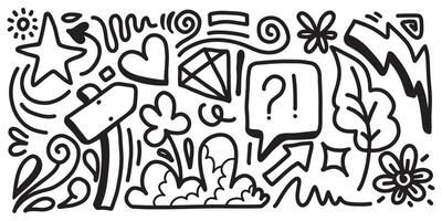 Hand drawn marker simple elements set. Doodle pen signs and effects. Simple thunderbolt, star, glitter, heart, floral objects. Decorative pencil curved symbols and shape. vector