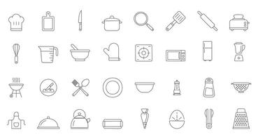 Food and Cooking Line Icon Set Minimal Icons of Kitchen Tools, Ingredients, Chef Elements Restaurant Items for Adobe Illustrator UI Design vector