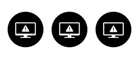 Warning on computer monitor icon set on black circle. Security threat information on screen sign symbol vector