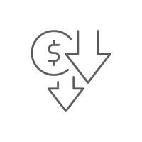 Editable Stroke Outline Icon Showing Dollar Value Downward Trend and Reduced Expenses Cost Saving Financial Decrease Symbol vector