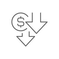 Outline Cost Reduction Icon with Downward Arrows and Dollar Symbol Financial Decrease Line Art Editable Stroke Expense Lowering vector