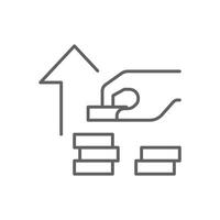 Outline Coin Stacking and Growth Arrow Icon Hand Placing Money editable stroke Line Art Financial Investment Progress Symbol vector