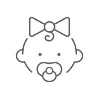 Baby girl with pacifiers line icon. Simple outline style. Infant face with pacifier and small curl. Ideal for childcare, newborn products. Editable stroke vector