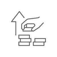 Editable Stroke Icon for Money Investment and Capital Growth Hand Adding Coins to Stack with Upward Arrow Line Art Finance vector