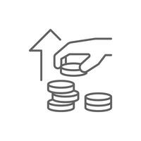 Line Art Icon of Hand Stacking Coins with Upward Arrow Financial Savings and Business Growth Outline editable stroke Asset Increase vector