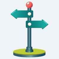 Fun cartoon illustration of a teal signpost with a red top and two arrows pointing left and right on a light blue background. Represents choices and directions. vector