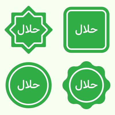 Collection of four green Halal labels or icons with Arabic text. Includes star, square, circle, and badge shapes for Islamic dietary law certified food and products.