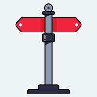 Simple cartoon illustration of a grey signpost with two red arrows pointing left and right and a black exclamation mark. Represents choices and important directions. vector