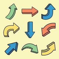 A set of 3D styled hand drawn arrows in green, orange, blue, and yellow on a light beige background. Ideal for illustrating direction, choices, and adding a three dimensional perspective to designs. vector