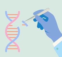 Illustration depicting genetic engineering or gene editing, with a hand in a glove holding tweezers to modify a DNA double helix. Concept for biotechnology and science. vector