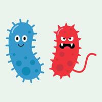 Illustration of two cartoon germ characters, a friendly blue bacterium with rounded spikes and an angry red virus with sharp spikes and a tail. vector
