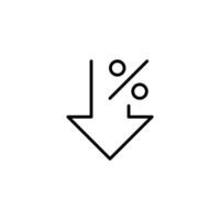 Arrow Down Line Icon style with Percent Sign Showing Price Cut Interest Rate Drop or Negative Growth Trend vector