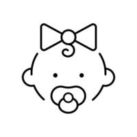 Baby girl with pacifiers line icon. Simple outline style. Infant face with pacifier and small curl. Ideal for childcare, newborn products. vector