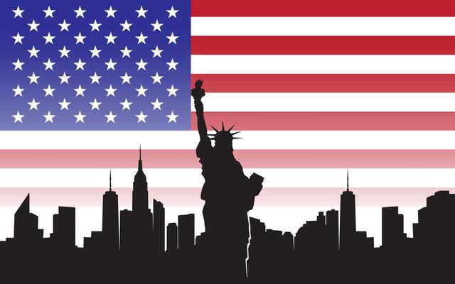Statue of Liberty Background Design, USA country icon. July 4th Independence Day Graphic, with United States of America flag background. Blue, red colors. Memorial Day Celebration