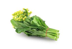 Choy sum, a kind of chinese vegetable in isolated background with clipping path, Freshly Harvested Bunch of Vibrant Green Choy Sum Tied with Twine, Caisim, Chinese flowering cabbage, Bok Choy. photo