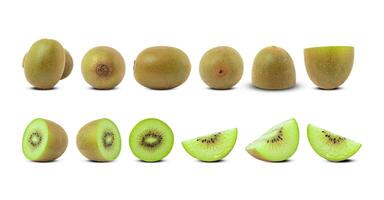 set of kiwi fruit and cut in halves isolated on white background with clipping path. photo