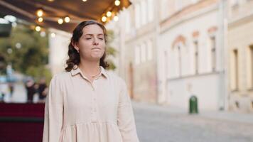 Scared woman worrying to be punctual, with anxiety checking time on watch, running late to work video