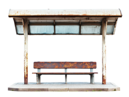 Weathered bus shelter with a rustic bench waiting for passengers png