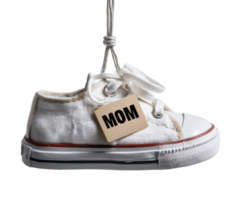 Creative display of a white sneaker hanging with a tag for Mom png