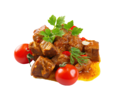 Savory cooked meat with cherry tomatoes and fresh herbs on a plate png