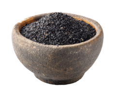 Rustic bowl of black sesame seeds for health and cooking png