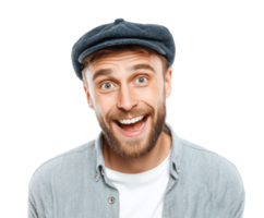 Happy man smiling with a cap expressing joy and positivity png