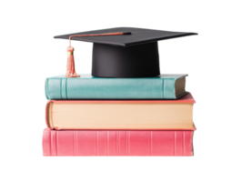 Education symbol with graduation cap on stacked books for learning png