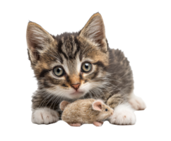 Playful kitten with mouse toy in a cozy indoor setting png
